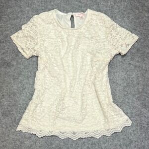 Teddi Rose Womens Ivory Floral Lace Short Sleeve Scalloped Hem Top Medium